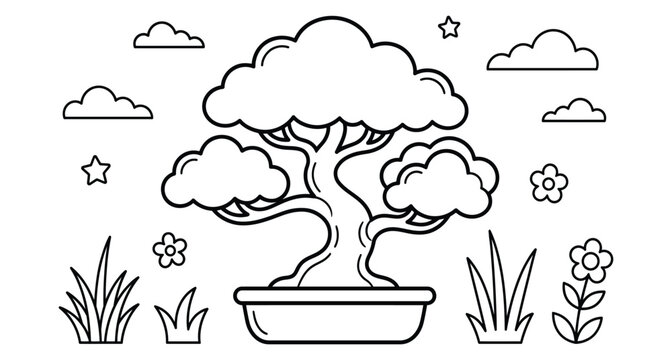 Traditional bonsai tree coloring page in minimalist style for meditative artistic practice.