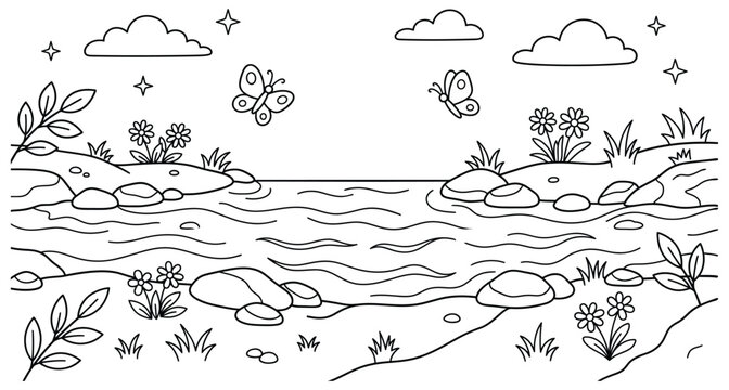 Tranquil lake shore landscape coloring page featuring rocks flowers and flying butterflies.