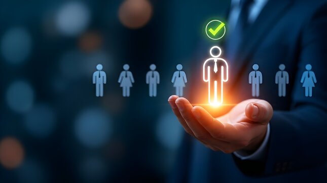 Business Hand Holding Glowing Human Network Icon with Checkmark Representing Human Resources Team Selection Leadership and Talent Management Success Concept