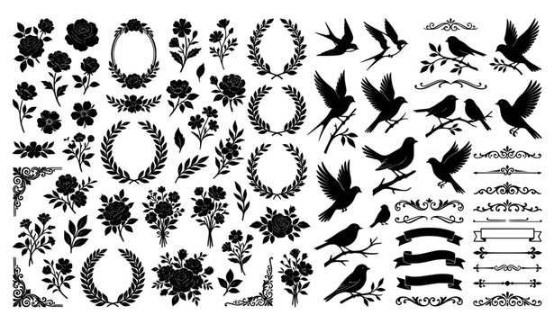 Floral wreaths roses and decorative birds silhouettes set with decorations silhouette collection