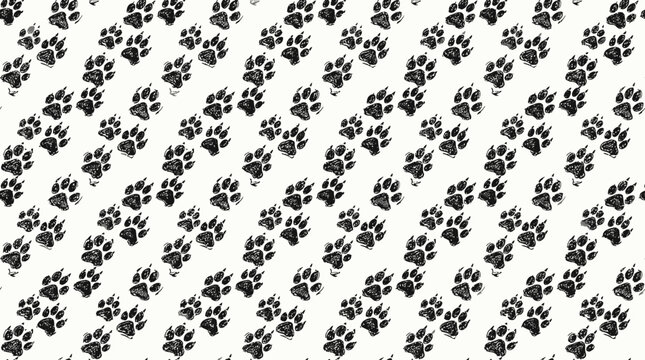 Seamless pattern of black wolf or dog paw prints on a white background.