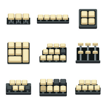 Collection of isometric keyboard keycap sets and layouts, digital icons, input devices and computer peripherals