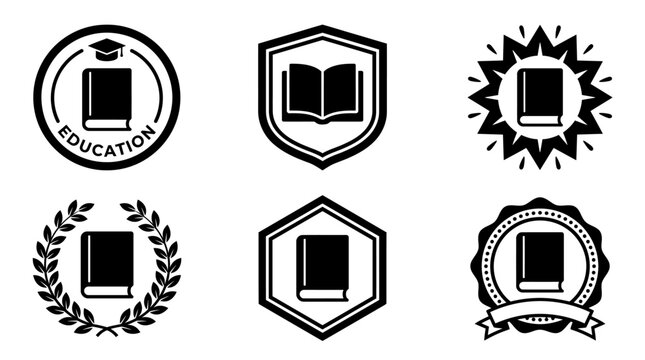 Set of black and white educational book emblems and badges.