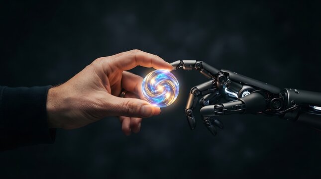 Human hand offering glowing orb to robotic hand