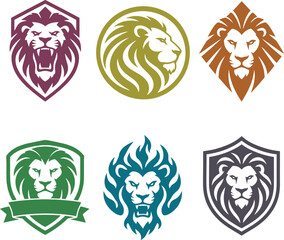 Set of 6 colorful lion head logos - burgundy roaring shield crest, olive gold side profile circle, orange geometric king, green banner shield, teal blue flaming mane and dark gray heraldic shield, bol © Netsolbiz