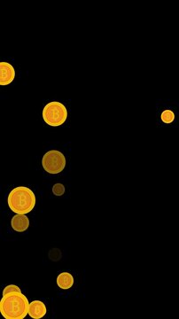 Digital bitcoin animation showing golden cryptocurrency coins falling downwards against dark black background for financial motion graphic video clip seamless loop overlay effect.