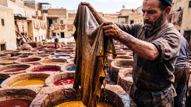 Artisan working with raw leather at a traditional tannery in Fez Morocco