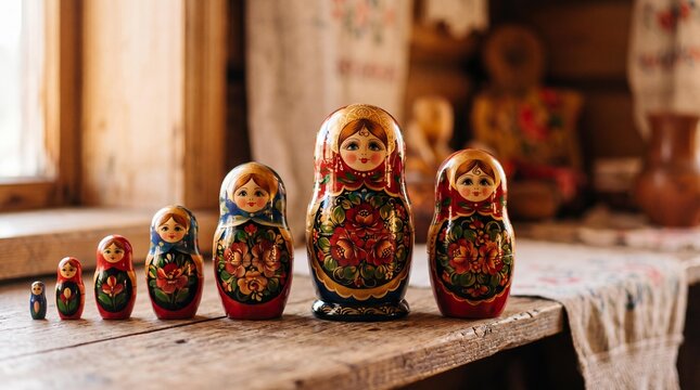 Traditional Russian Matryoshka Nesting Dolls on Rustic Wooden Table