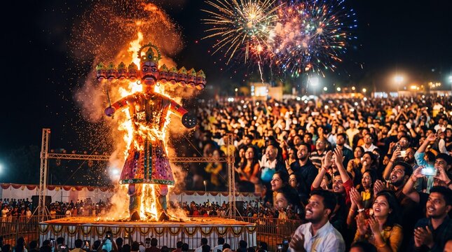 Burning of Ravana Effigy with Fireworks During Dussehra Festival in India