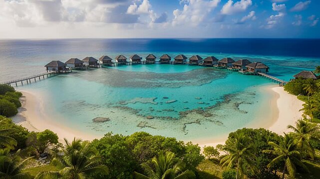 overwater bungalows aerial lagoon view with palm trees and turquoise water