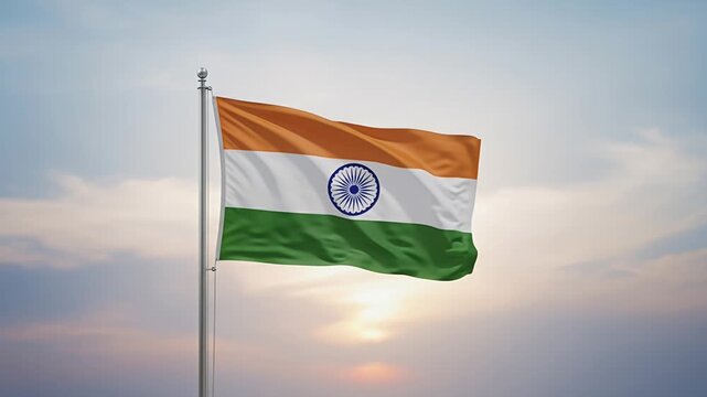 indian flag fluttering at sunset over flagpole, india national symbol
