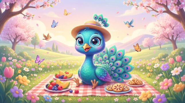 An adorable baby peacock sitting on a picnic blanket surrounded by colorful flowers and butterflies in a bright spring meadow. Perfect for children's books, nursery wall art, greeting cards