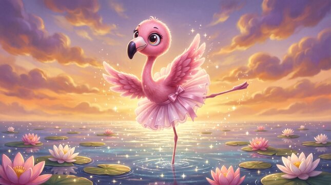 An adorable pink baby flamingo performing ballet on a peaceful lotus lake during a colorful sunset. Beautiful whimsical illustration suitable for children's products, nursery decor, greeting cards.