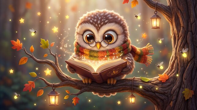 An adorable little owl sitting on a tree branch while reading a magical storybook under glowing lanterns. High-quality fantasy illustration ideal for children's books, education, nursery wall art.