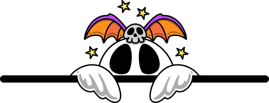 Halloween Ghost with Bat Wings and Skull Peeking Decoration Illustration