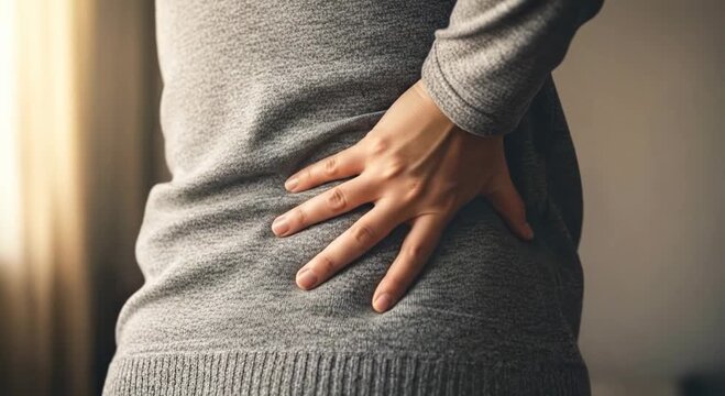 Close-up of a person holding their lower back due to intense pain and discomfort.