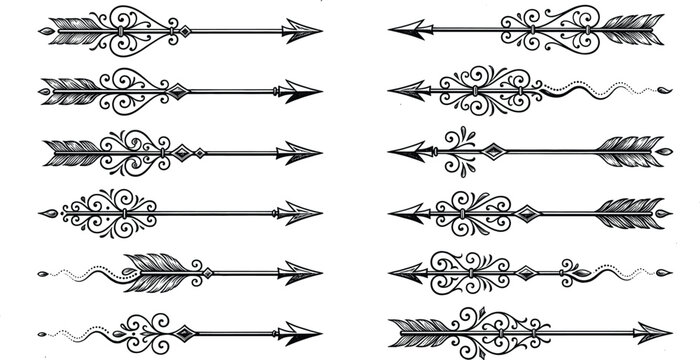 Vintage Decorative Arrows Set With Ornate Filigree And Boho Tribal Feather Details