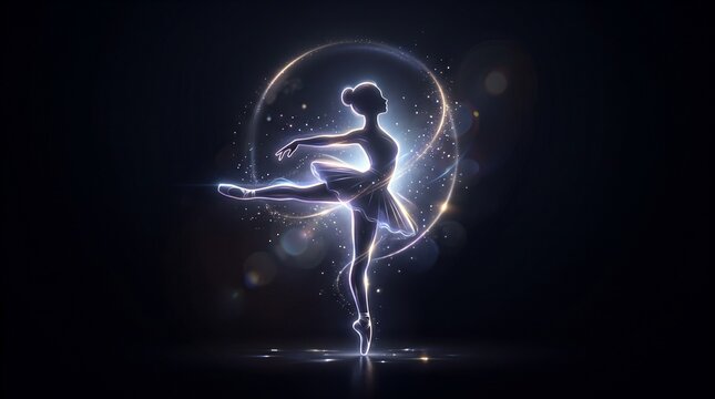 Glowing silhouette of a ballerina inside a light circle on dark backdrop