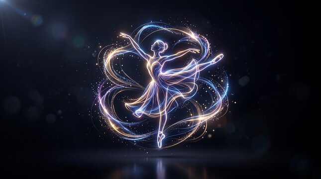 Abstract glowing light line ballerina illustration on dark background, ideal for dance studio branding