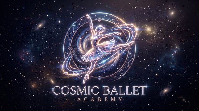 Cosmic Ballet Academy logo banner featuring a glowing ballerina emblem against a deep space galaxy backdrop