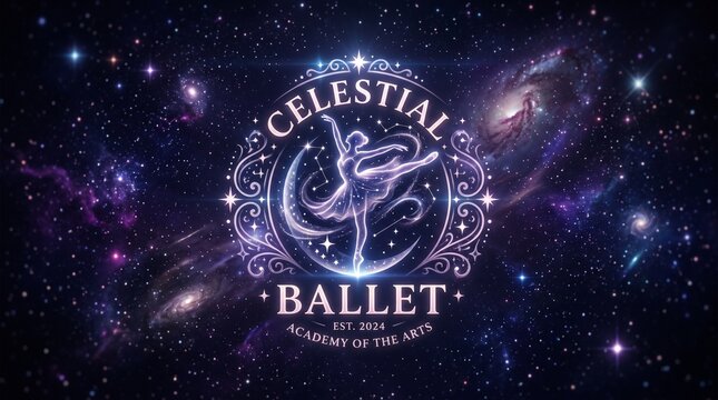Celestial Ballet Academy logo banner with a ballerina silhouette against a cosmic starry galaxy background