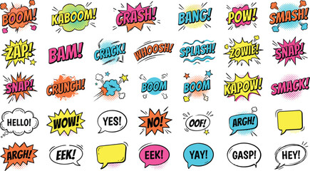 Pop art comic book sound effects and speech bubbles icon set with colorful dynamic text explosions for graphic design elements, © Rofiqul