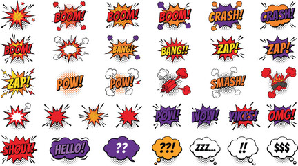 Retro comic book explosion bubbles and sound effects icon set with pop art dynamic text bursts for vintage graphic design elements, © Rofiqul