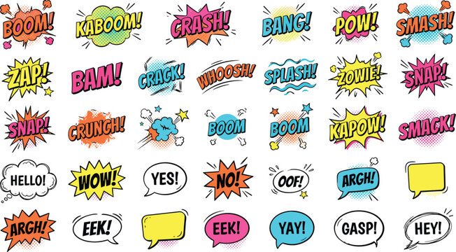 Pop art comic book sound effects and speech bubbles icon set with colorful dynamic text explosions for graphic design elements,