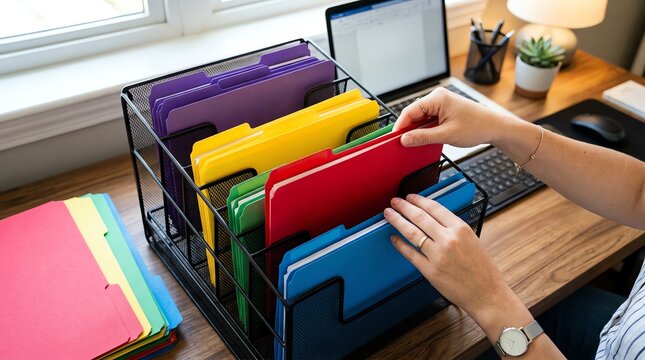 Close up of hands arranging colorful office folders in a black metal file rack on a desk for business document management