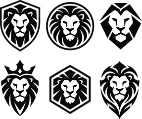 Set of 6 black and white luxury lion head logos - shield crest roaring, circle mane profile, polygon diamond king, crown luxury emblem, hexagon geometric and ornate mane leaf, bold tribal minimalist d © Netsolbiz