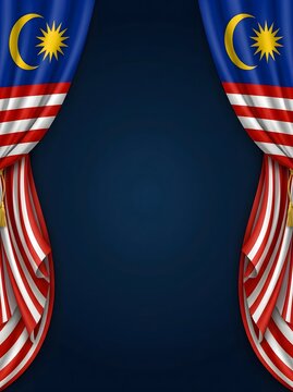 Vertical orientation background with the Jalur Gemilang (Malaysian flag) draped elegantly like theater curtains framing a dark blue textured center. Ideal for poster designs, social media stories, and