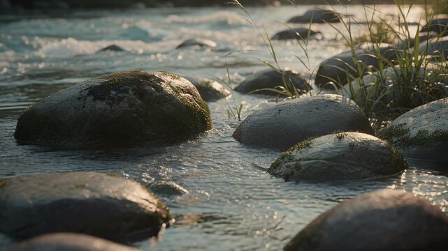 rocky shoreline stream with rippling water and grasses at golden hour