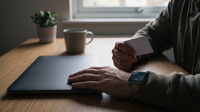 Tech Layoffs Impact concept. Person using laptop and holding a credit card at a wooden desk near a window