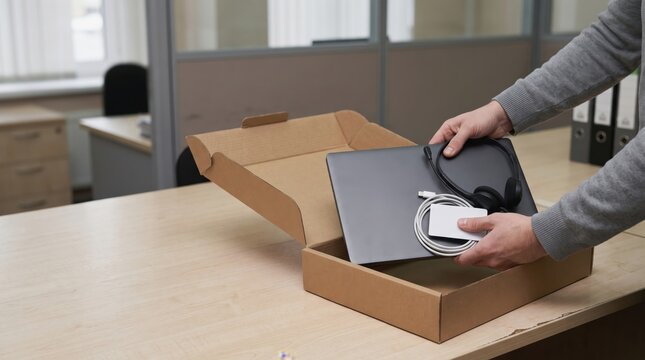 Tech Layoffs Impact concept. Person packing a laptop and headphones into a cardboard box on a desk