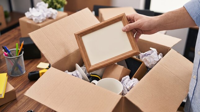 Tech Layoffs Impact concept. Person packing household items in cardboard boxes during move