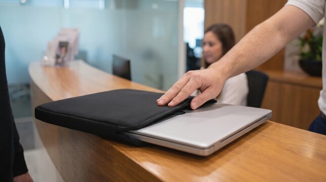 Tech Layoffs Impact concept. Person placing laptop in a black sleeve on a wooden reception desk