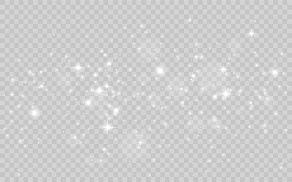 Silver glitter overlay with sparkling stars. White dust effect. Christmas luxury design. Glowing particles trail. Elegant shimmer for holiday or wedding celebration. Vector Illustration.