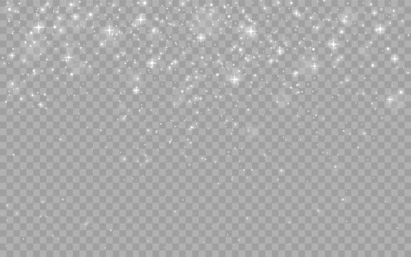 Silver glitter border. Sparkling stars and glowing particles on transparent background. Elegant luxury light for holiday, wedding, celebration. Christmas white effect. Vector Illustration.