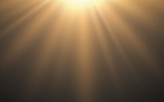 Golden light rays on dark background. Realistic sunbeam with soft glow. Soft spotlights effect. Abstract luxury illumination for presentation, banner, stage or spiritual design. Vector Illustration.