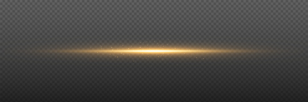 Glow light. Golden flare isolated on transparent background. Glowing horizontal beam with sparkling particles. Magic gold line for banner, overlay or greeting card. Vector Illustration.