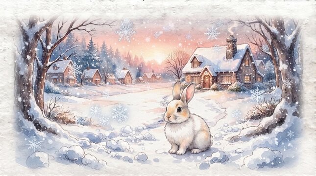 Watercolor winter scene featuring a cute rabbit in a snowy village, perfect for Christmas cards, holiday banners, kids' book covers, and seasonal decor.