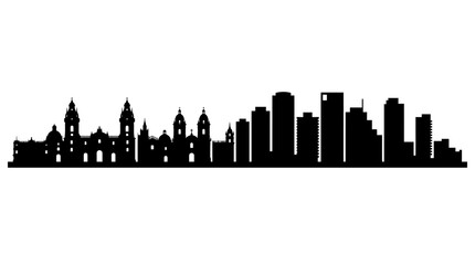 Obraz premium Minimalist black silhouette of Lima, Peru city skyline featuring the historic colonial cathedral architecture and modern skyscrapers isolated on a solid white background.