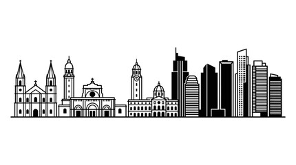 Obraz premium Minimalist black and white vector silhouette of the Manila skyline featuring the Manila Cathedral, City Hall clock tower, historical landmarks and modern skyscrapers on white background.