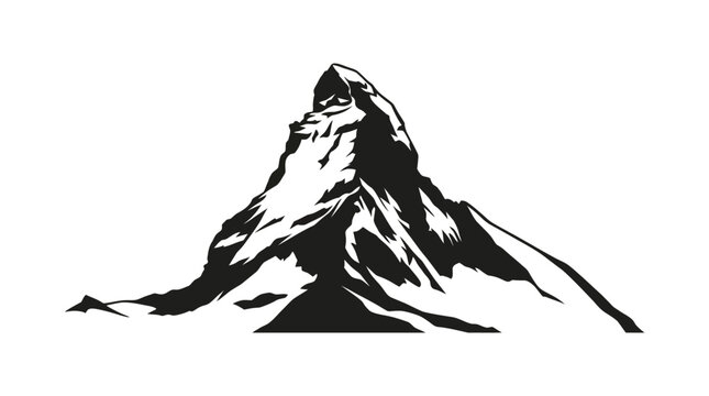 High-contrast black silhouette vector of the Matterhorn mountain peak in the Swiss Alps isolated on white background, ideal for minimalist logos, travel icons, and outdoor brand design.