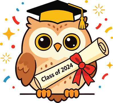 Bright and festive cartoon style vector illustration of a warm brown owl with big shiny round eyes, symbolizing wisdom