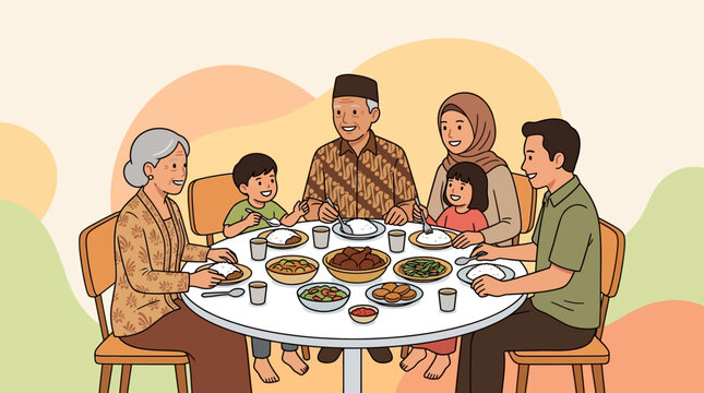 Three generations of a Muslim Indonesian family wearing batik and hijab dining together at a round table with various traditional dishes, flat vector illustration style.