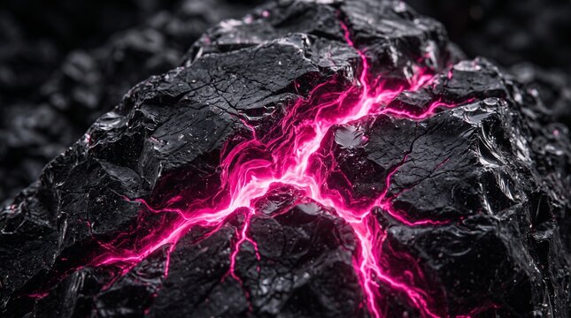 Cracked dark obsidian stone with glowing neon pink energy in crevices. High-contrast immersive texture background.