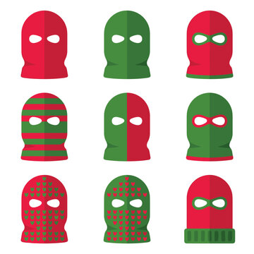Set of nine flat design balaclava ski masks in red and green, featuring various patterns like stripes and polka dots, ideal for winter sports or security concepts