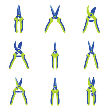 Set of nine garden pruning shears, garden clippers, and secateurs arranged in a 3x3 grid on a white background, each with blue and green handles, representing tools for gardening and horticulture