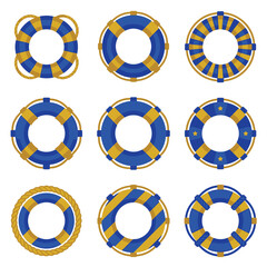 Naklejka premium Set of nine nautical life preserver ring icons in blue and gold, representing safety, rescue, and maritime themes, arranged in a grid